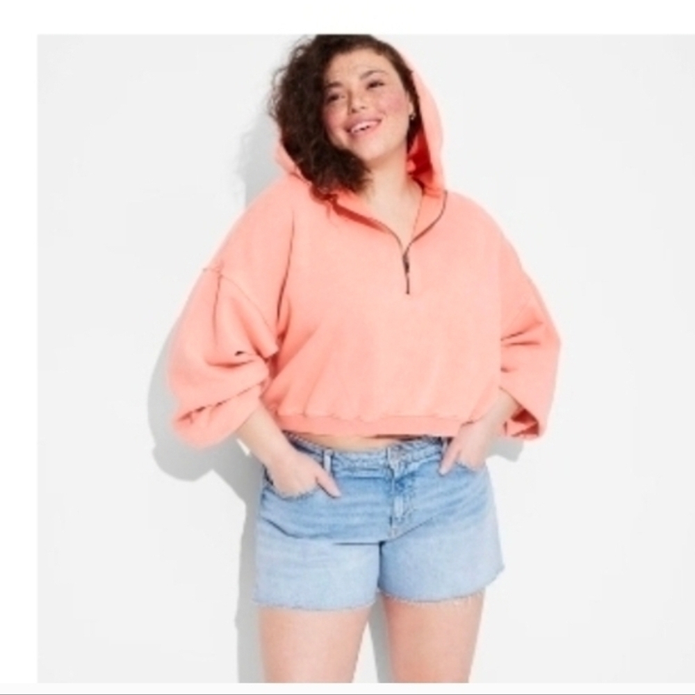Wild Fable Women's Quarter Zip Hoodie Sweatshirt Oversized Coral Orange
